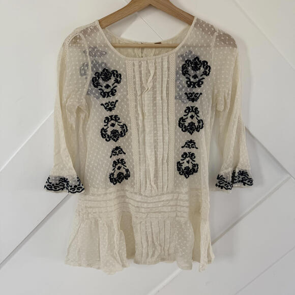 Free People Tops - Free People Sheer Cream Lace Blouse with Black Embroidered Accents